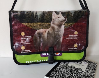 Upcycled Dog Food Bag Messenger Tote, Wolf Design, Water-Resistant