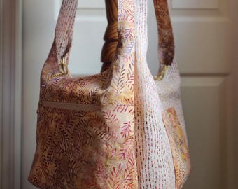 Hobo / Slouch Bag / Batik / Reversible / Adjustable Strap / Maple-Reds-Purples