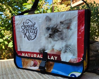 Upcycled Feed Bag Messenger Tote: Water-Resistant Cat Lover Crossbody