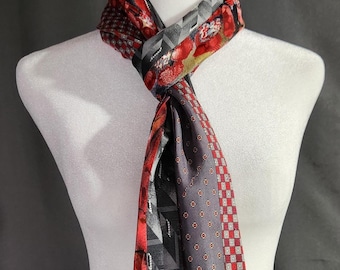 Scarf –  Upcycled Neckties – Silk Scarf – Red - Grey - OOAK