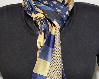 Upcycled Silk Necktie Scarf - Blue/Gold Repurposed Ties - OOAK