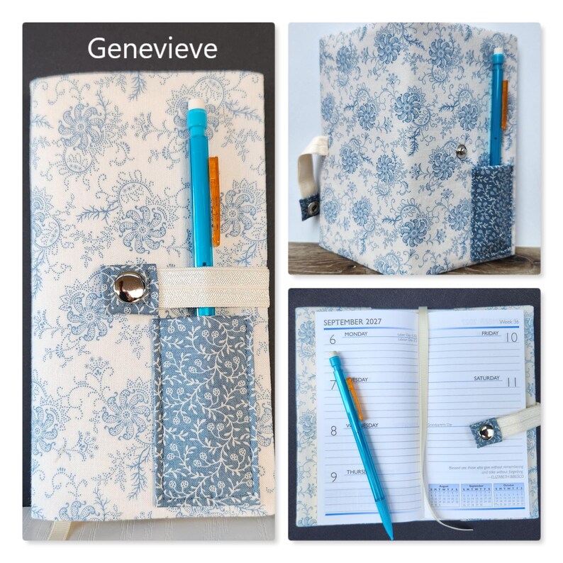 Op de afbeelding: Een stoffen plannerhoes met een blauw-wit bloemenpatroon, een bijpassend zakje, een elastische band met een zilveren metalen drukknoop en een blauwe pen. De binnenkant toont een weekkalenderpagina voor september 2027 met blauwe lijnen.