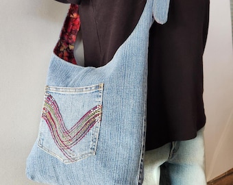 Upcycled Denim Hobo Bag: Reversible Batik Slouch Crossbody