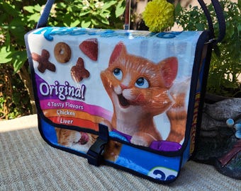 Upcycled Feed Bag Messenger Bag, Water-Resistant Cat Tote