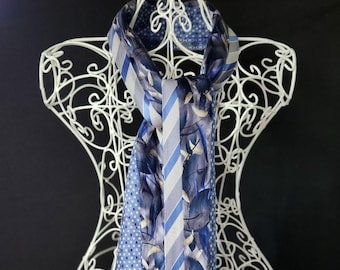 Upcycled Silk Necktie Scarf – Blue Repurposed Ties, Unique Design