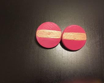 Hot Pink and Gold Stripe Wooden Earrings