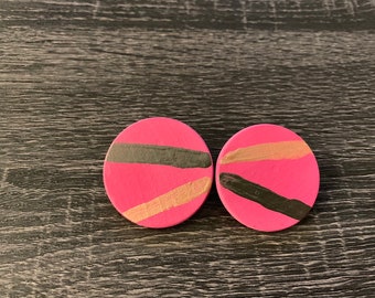 Hot pink with gold and black striped earrings