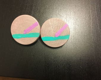 Green, Pink and Metallic Wooden Earrings