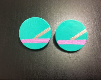 Pink, Green and Gold Wooden Earrings