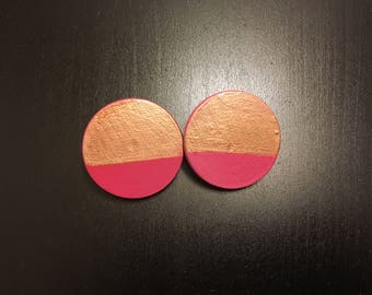 Hot Pink and Gold Wooden Earrings