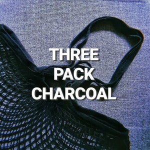 May include: Three pack of charcoal reusable shopping bags. The bags are made of a black mesh material and have a black drawstring.