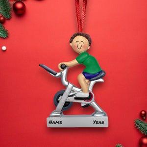 Personalized Brown Male Exercise Bike Christmas Ornament