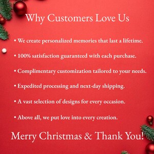 May include: Red background with white text that reads "Why Customers Love Us" and lists reasons why customers love the business. The text also includes "Merry Christmas & Thank You!"