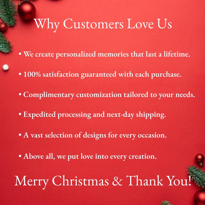 May include: Red background with white text that reads "Why Customers Love Us" and lists reasons why customers love the business. The text also includes "Merry Christmas & Thank You!"