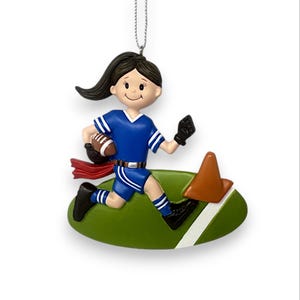 Personalized Blonde Boy Flag Football Ornament: Christmas Keepsake Female - Brunette
