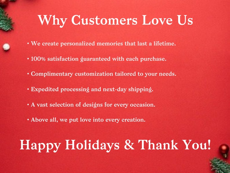 Puede incluir: Fondo rojo con texto blanco que dice "Why Customers Love Us" y enumera las razones por las que los clientes aman el negocio. El texto tambi&eacute;n dice "Happy Holidays & Thank You!"