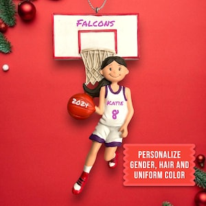 Personalized Girl Brunette Basketball Ornament with Red Uniform | Basketball Player Christmas Keepsake | Girl Basketball Player Ornament
