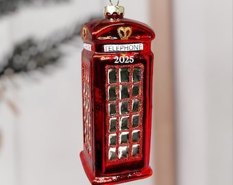 London Phone Booth Christmas Ornament – Glass England Souvenir Decoration with Year