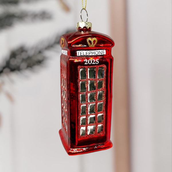 London Phone Booth Christmas Ornament – Glass England Souvenir Decoration with Year