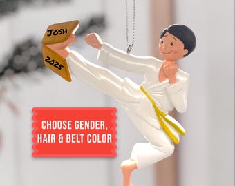 Personalized Boy Karate Ornament | Custom Belt Color | Brunette Martial Arts Christmas Keepsake