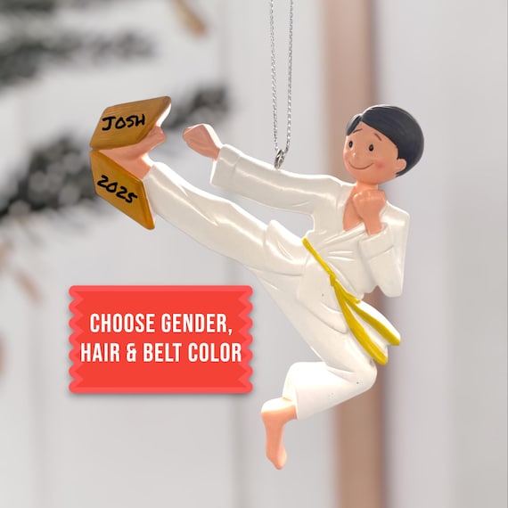 Personalized Boy Karate Ornament | Custom Belt Color | Brunette Martial Arts Christmas Keepsake