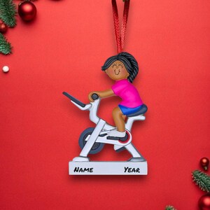 Personalized Black Female Exercise Bike Holiday Ornament