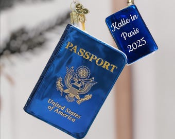 Personalized Handblown Glass Passport Ornament - Custom Travel Keepsake Christmas Decoration