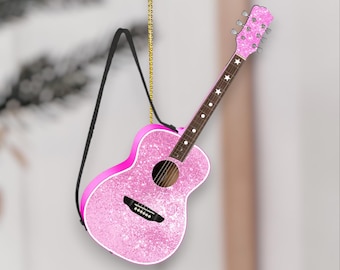 Enfeite de guitarra personalizado com glitter rosa e alça – Enfeite de Natal para amantes da música