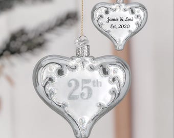 Personalisierte Herz-Verzierung zum 25-jährigen Jubiläum - Mundgeblasenes Glas Silberhochzeits-Andenken - Handgemalte Weihnachten