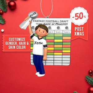 May include: A personalized Christmas ornament featuring a cartoon boy holding a trophy. The ornament is decorated with a fantasy football draft board and the text "GAME OF MAHOMES". The ornament is customizable with different gender, hair, and skin color options. The text "2023" is written on the trophy. The text "CUSTOMIZE GENDER, HAIR & SKIN COLOR" is written on a red ribbon. The text "POST XMAS" is written on a red ribbon. The text "-50%" is written on a white circle with a red border.