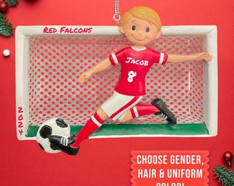 Personalized Soccer Ornament: Blonde Boy, Red Uniform, Christmas Keepsake