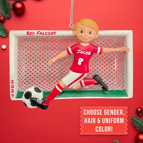 Personalized Soccer Ornament: Blonde Boy, Red Uniform, Christmas Keepsake
