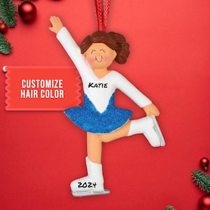 Personalized Brown Female Ice Skater Christmas Ornament - Custom Ice Skating Decoration