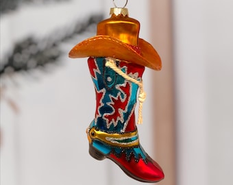 Glazen cowboylaarsornament: handgeschilderd westers kerstboomdecor