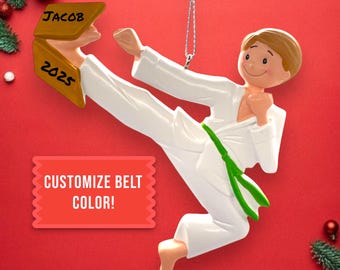 Personalized Blonde Boy Karate Ornament | Custom Belt Color | Martial Arts Christmas Keepsake
