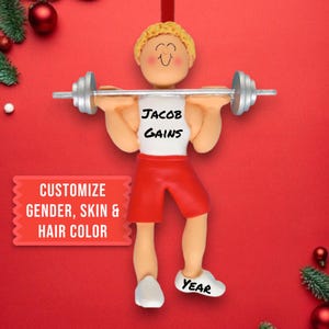 Personalized Blonde Male Weight Lifter Ornament - Custom Fitness Christmas Decoration