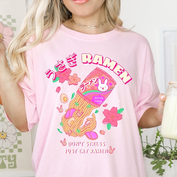 Rosa estética ramenT-Camisa-ramen camiseta-kawaii ramen camisa- sakura camisa-kawaii camiseta- conejito camiseta- anime camiseta-pastel goth anime