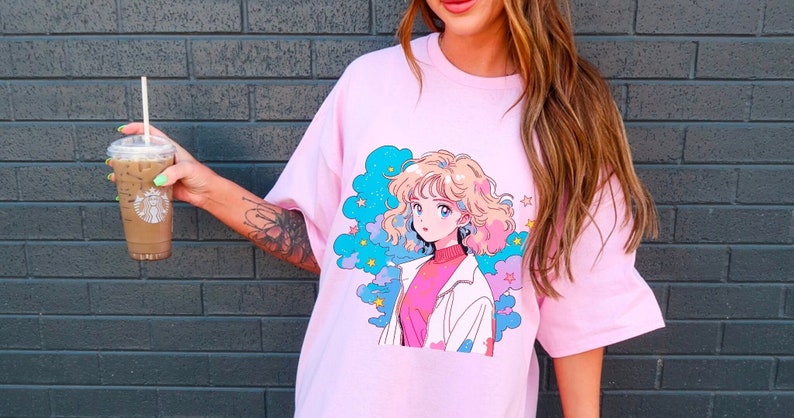 Unisex 90s anime tshirt-80s anime girl tshirt-vintage anime girl tshirt-kawaii aesthetic anime tshirt-pastel goth tshirt-cute anime girl tee image 1