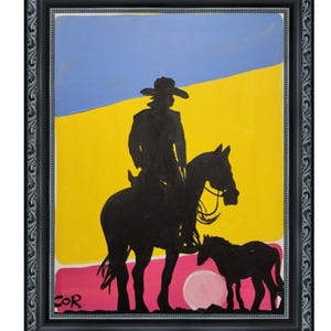 Cowboy horse sunset One of Kind Original Handmade Painting Chunky Wall Art Acrylic Expressionism Canvas 16 By 20 inch Create by Corbellic