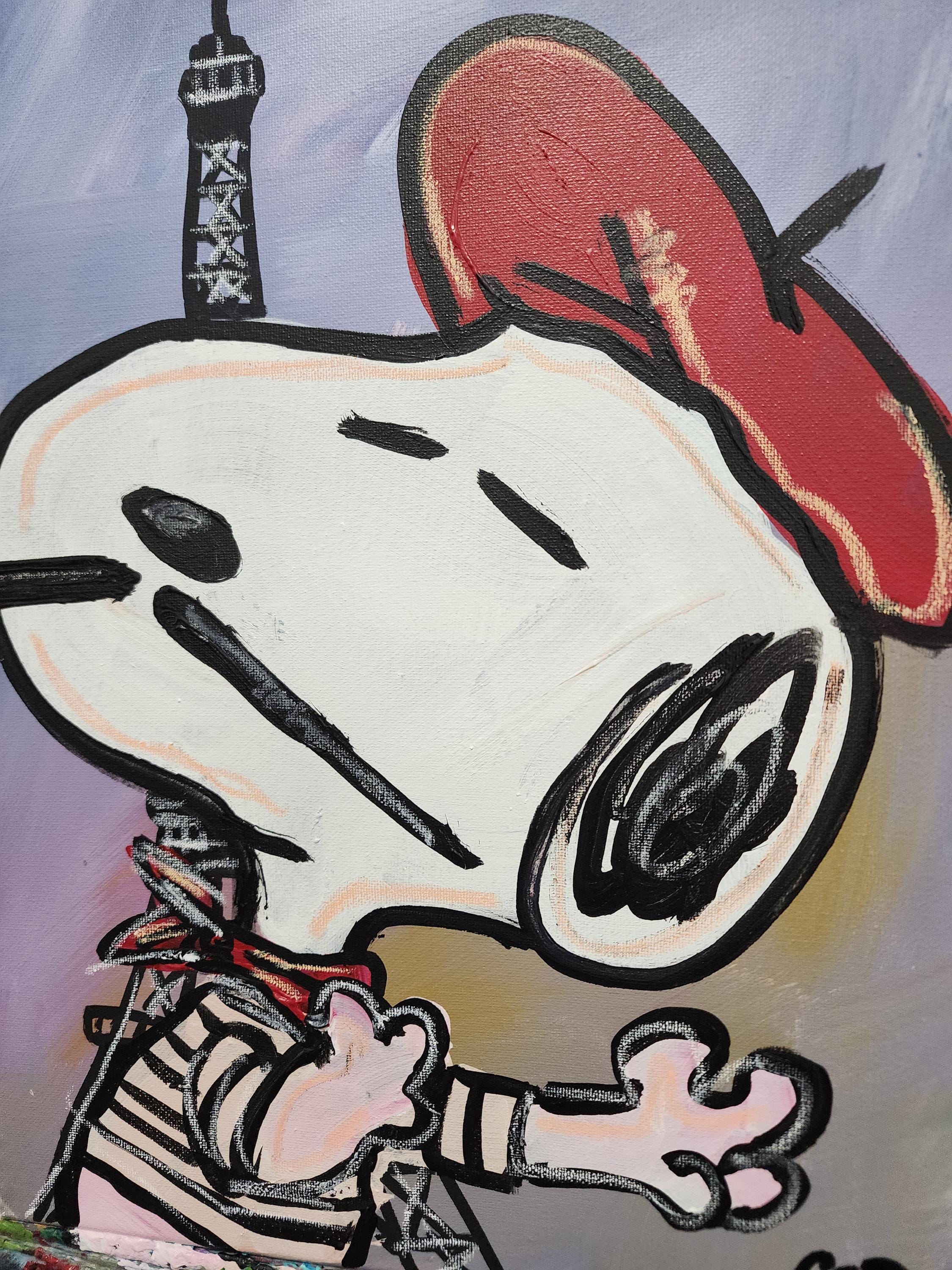 Paris Snoopy Painting: Original Handmade Acrylic Canvas Art (16x20