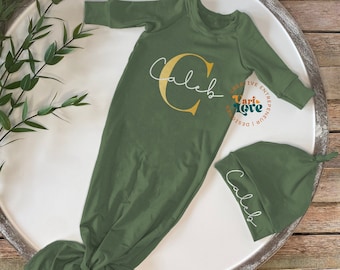 Boho Baby Boy Coming Home Outfit | Personalized Baby Boy Hat and Knotted Gown | Baby Boy Hospital Hat and Gown With Name