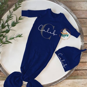 Navy Blue Baby Boy Coming Home Outfit | Personalized Baby Boy Hat and Knotted Gown | Baby Boy Hospital Hat and Gown With Name
