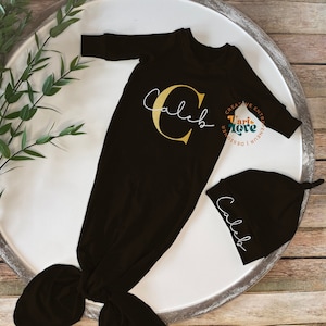 Baby Boy Coming Home Outfit | Personalized Baby Boy Hat and Knotted Gown | Baby Boy Hospital Hat and Gown With Name