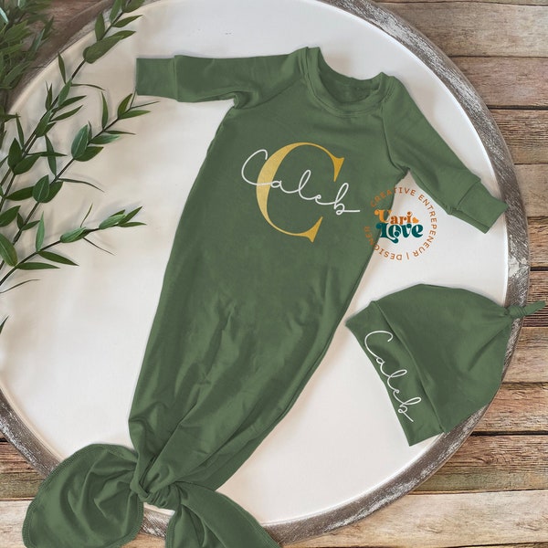 Boho Baby Boy Coming Home Outfit | Personalized Baby Boy Hat and Knotted Gown | Baby Boy Hospital Hat and Gown With Name