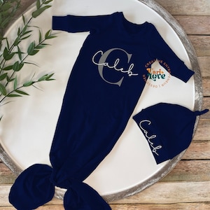 Navy Blue Baby Boy Coming Home Outfit | Personalized Baby Boy Hat and Knotted Gown | Baby Boy Hospital Hat and Gown With Name