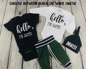 Hello I'm new Here Baby boy coming home outfit/ baby boy outfit/ personalized bodysuit outfit