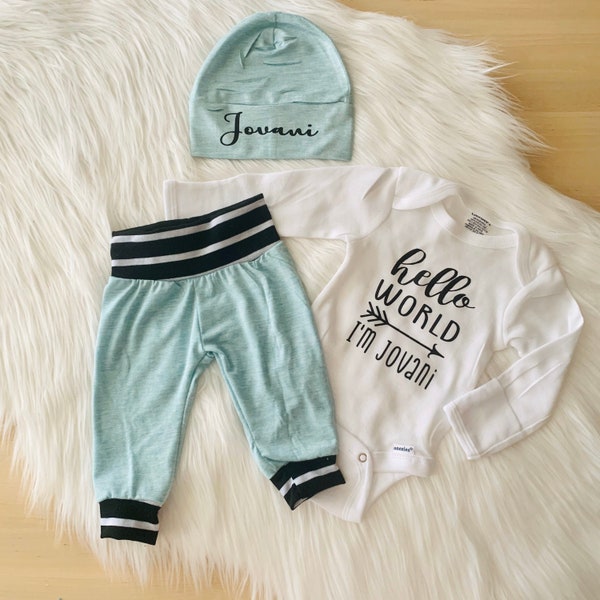 Hello World I’m new here Baby boy coming home outfit | Personalized baby Boy Gift | Hello World Newborn Baby Boy ONESIE®