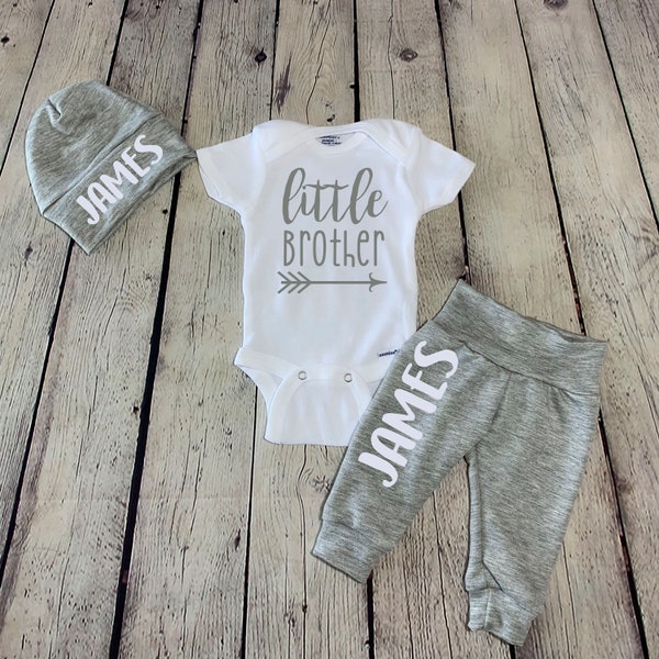 Little brother Personalized Newborn Heather Gray Baby Boy Coming Home Outfit