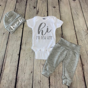 Hi I’m New Here Baby Boy Coming Home Outfit/ Newborn Baby boy Name Outfit/ hospital outfit/ personalized baby boy outfit