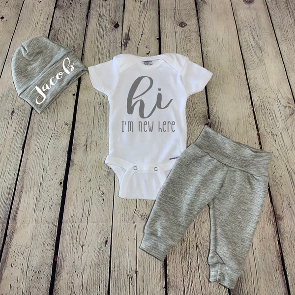 Hi I’m New Here Baby Boy Coming Home Outfit/ Newborn Baby boy Name Outfit/ hospital outfit/ personalized baby boy outfit